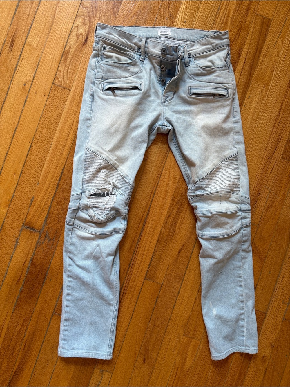 Hudson Jeans Pale Blue Skinny Moto Jeans with Knee Distress